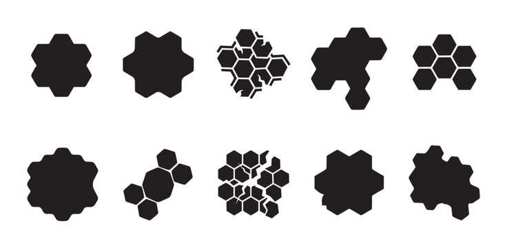 A collection of black abstract geometric shapes and patterns composed of hexagons against a clean white background, suggesting themes of connection, data, and modularity.