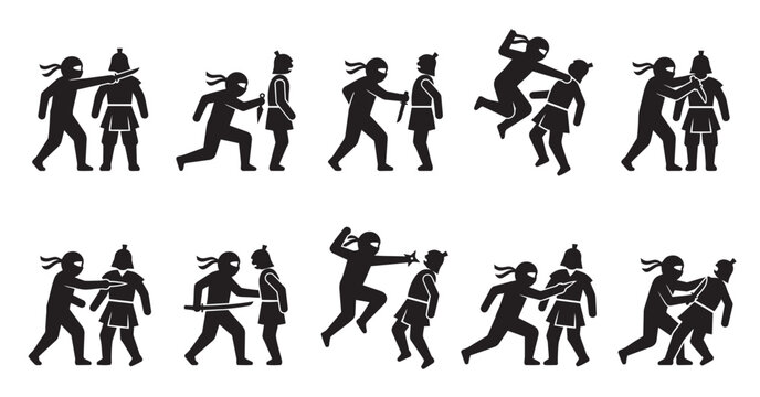 Collection of black silhouette icons depicting ninjas attacking soldiers in various combat poses, representing action and conflict.