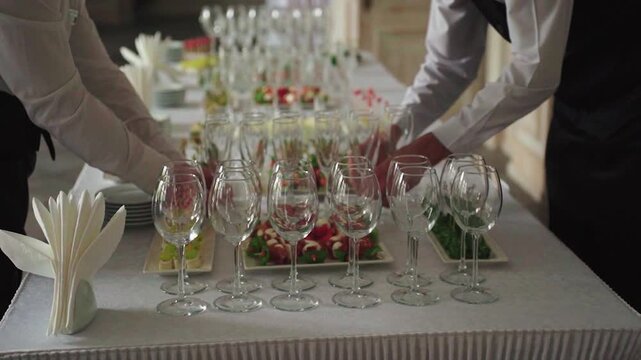 Graceful servers arrange dining setup. Careful staff craft sophisticated table presentations. Dedicated event staff skillfully organize table settings to create refined and stylish atmosphere