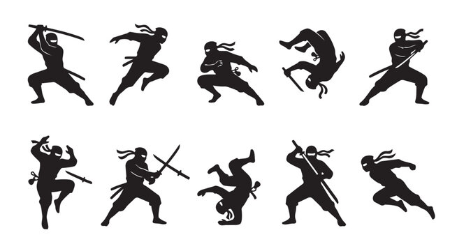 A collection of black silhouette illustrations depict ninjas in dynamic martial arts poses, some with swords, against a white background.