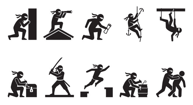 A collection of black silhouette icons depicts ninjas performing various stealthy and combat actions against a white background.