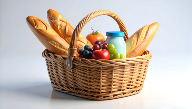 A beautifully woven picnic basket overflows with fresh bread, fruit, and a refreshing drink.