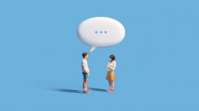 Two people are chatting, but between them is a giant empty speech bubble that only contains. Small Talk Simulator concept for background 