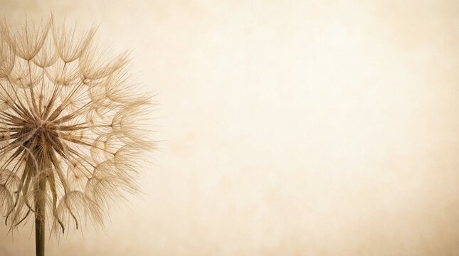 Single dandelion seed head on a beige background with empty space