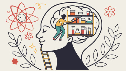 Fototapeta premium Illustration of person head with scientist and books inside mind, symbol of knowledge science learning and curiosity