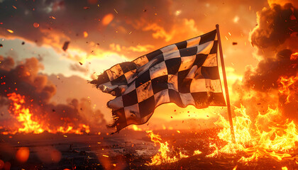 Fototapeta premium A dramatic, fiery scene depicts a checkered racing flag waving triumphantly against a backdrop of intense flames and a hazy sunset, symbolizing victory and speed.