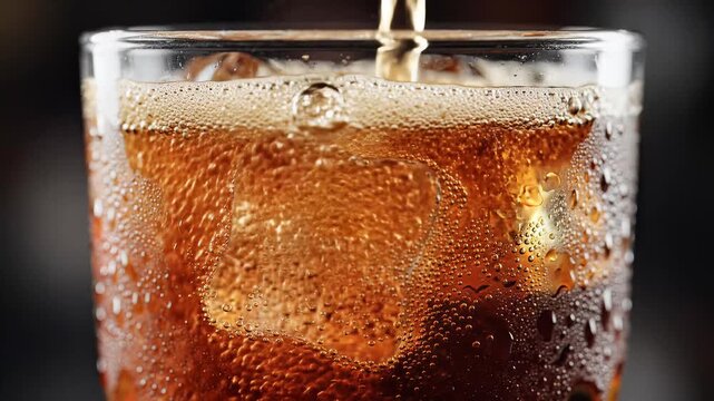 Pouring Refreshing Cola Drink with Ice Cubes in Glass.