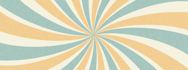 Retro circus swirl vector background. Peach, teal and cream spiral stripes with grainy texture bursting from center, symbolizing vintage carnival, dopamine, groovy 70s, and funky poster. © YEVHENIIA