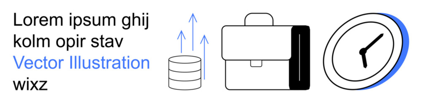 Time management, business planning, workflow, productivity tools, data storage, efficiency. Minimal icons of a briefcase, database arrows and a clock. Business planning and productivity tools