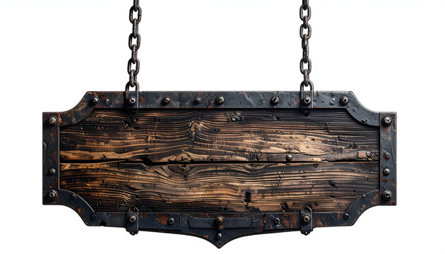 An antique wooden sign hangs suspended by heavy iron chains and ornate metalwork.