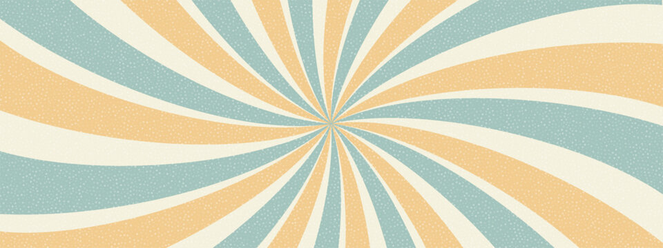 Retro circus swirl vector background. Peach, teal and cream spiral stripes with grainy texture bursting from center, symbolizing vintage carnival, dopamine, groovy 70s, and funky poster.