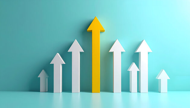 A vibrant yellow arrow stands prominently above a series of white arrows, symbolizing growth, progress, and exceeding expectations against a calming teal backdrop.