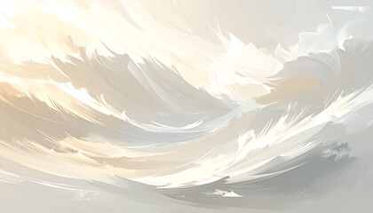 Obraz premium An abstract painting features swirling brushstrokes in shades of white, beige, and gray, creating a dynamic and ethereal composition.