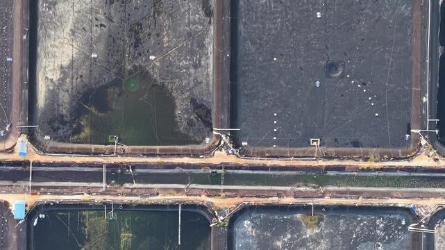 Aerial Drone View of Wastewater Treatment Ponds and Access Roads