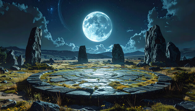 A mystical stone circle stands bathed in the ethereal glow of a full moon under a star-studded night sky, evoking a sense of ancient wonder and otherworldly beauty.