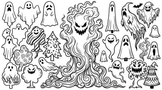 Halloween ghost doodles collection, spooky phantom silhouettes and creepy forest elements set, black and white line art vector illustration.