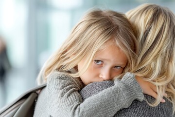 Sad young girl hugging her mother in a car, ideal for family support and child emotional wellbeing content