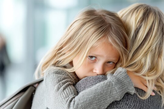 Sad young girl hugging her mother in a car, ideal for family support and child emotional wellbeing content