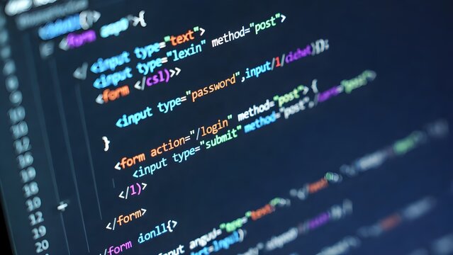 Close-up of HTML code for login form with username and password input fields, syntax highlighting, shallow depth of field, dark background, photorealistic