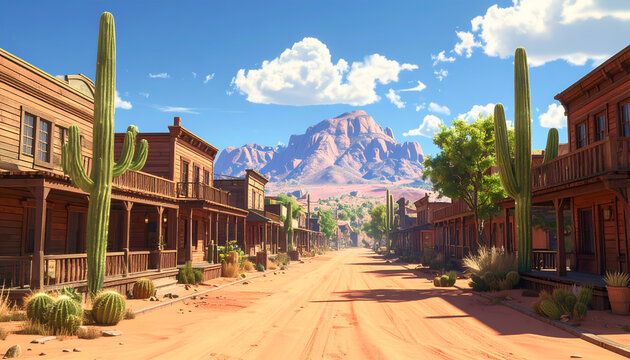 A vibrant, sun-drenched view of a classic Wild West town nestled within a desert landscape, showcasing rustic wooden buildings and towering cacti against a backdrop of majestic mountains.