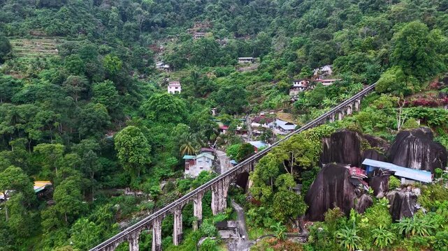 Aerial view of the Penang Hill funicular railway track crossing a forested hillside with nearby houses.