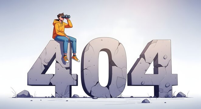 Modern 404 error page illustration with large concrete numbers. Website troubleshooting and lost connection. Teenager sitting on a stone number looking through binoculars for a web page