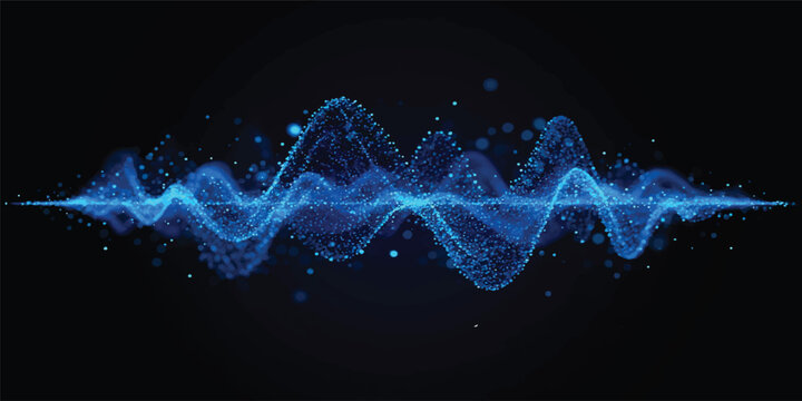 Abstract blue wave background featuring futuristic digital technology lines with a glowing light energy motion design pattern on a black backdrop