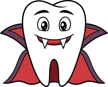 Smiling Vampire Tooth Character with Sharp Fangs and a Dramatic Red Cape