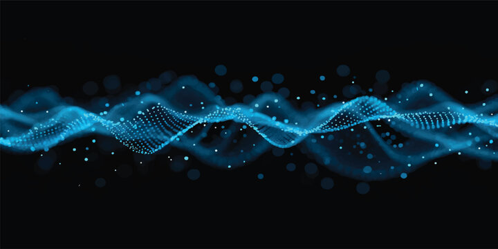 A glowing blue fractal neon wave pattern creates a bright motion design with energy curves on a black textured art backdrop