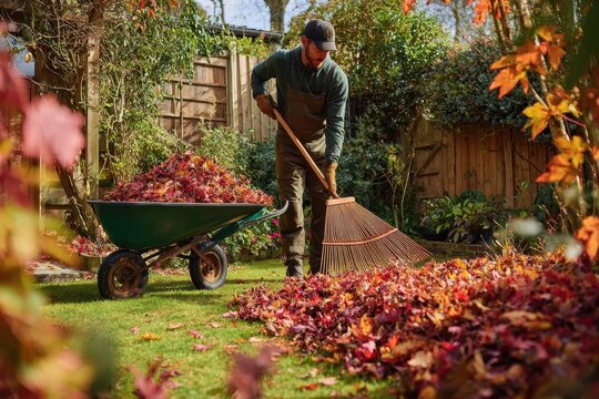 Autumn garden cleanup: man raking colorful leaves in a sunlit yard