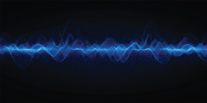 Abstract digital sound wave and medical EKG heartbeat monitor graph with blue and green pulse lines on a black background for health technology