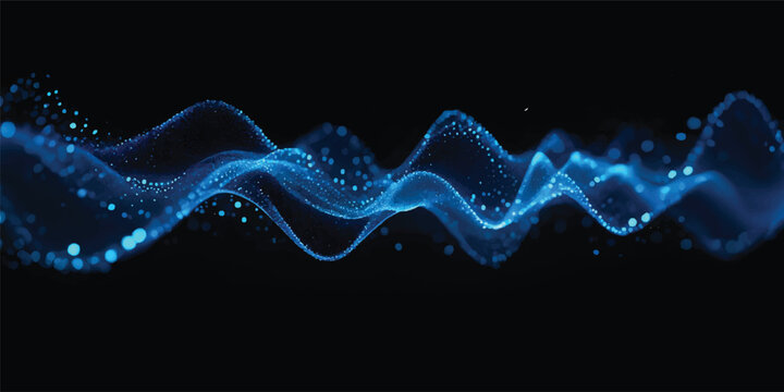Abstract blue wave pattern with glowing neon lines and futuristic energy motion on a black backdrop creating a high-tech fractal vector illustration