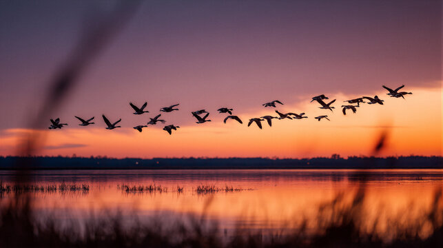 White birds fly over wetlands at sunset. Purple orange sky. Water reflection, blurred reeds. Cinematic light, Tyndall effect, HDR. Copy space. Ideal for travel posters, eco ads. Nature photography.