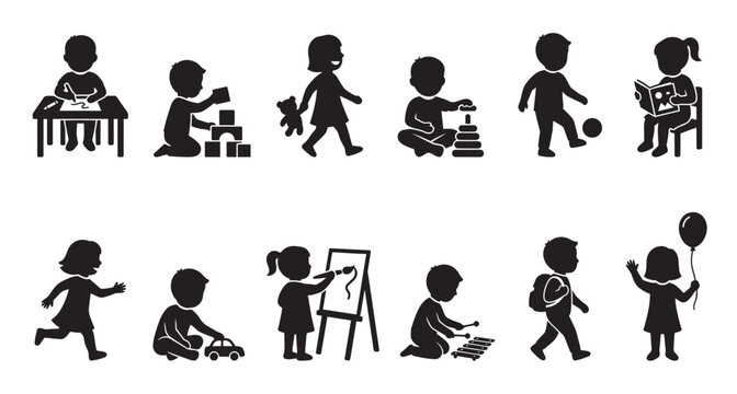A collection of black silhouette illustrations depicting children engaged in various activities like drawing, building blocks, playing with toys, and reading.