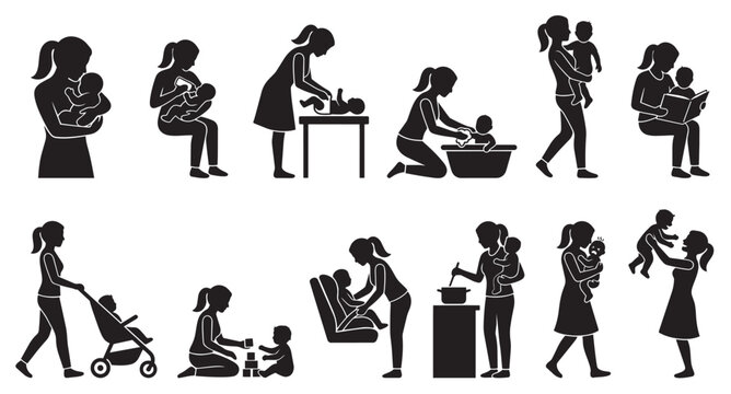 A set of black and white silhouette icons depicting a mother performing various nurturing activities with her baby, showcasing daily routines.