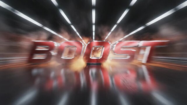 Powerful boost word speeding through a light tunnel with sparks