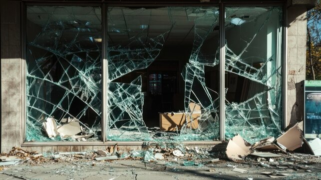 A shattered storefront in an urban area, emphasizing the effects of community violence and neglect