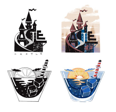 Logos and drawings of a castle and a sunrise cocktail