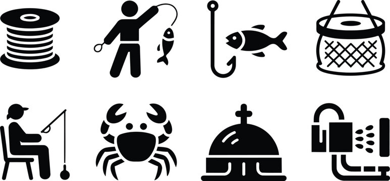 Black silhouette icons representing various fishing and seafood elements
