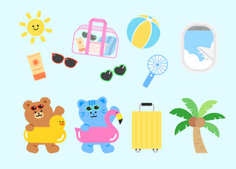 Cute Summer Vacation Sticker Set with Animals and Travel Essentials. © dall_studio