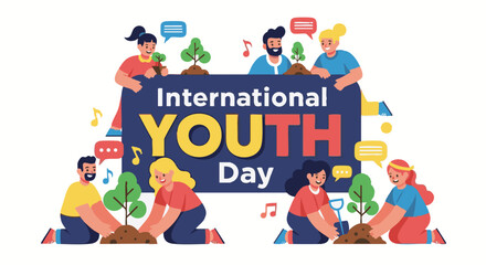 Naklejka premium International Youth Day illustration with diverse people planting trees in vibrant colorful flat design for social media campaign