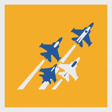 Minimalist Flat Design Illustration of Fighter Jet Formation in Blue and White on Yellow Background