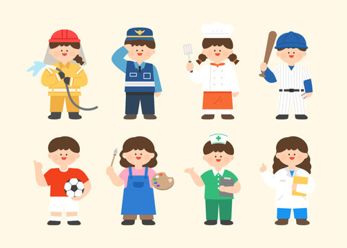 Kids professional character collection flat design. Fireman, police officer, baker, baseball player, soccer player, artist, nurse, and scientist vector.