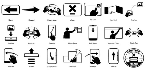 ナビゲーション・操作系UIピクトグラムセット（戻る・スワイプ・拡大縮小）、Navigation and UI Control Pictogram Set (Back, Swipe, Zoom Gestures)  © MEG-MEG