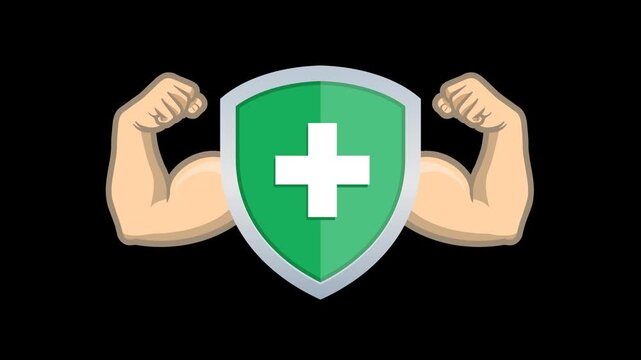 Strong Immune System Concept, Shield Protection with Muscular Arms Cartoon Animation. Transparent background. 4K resolution