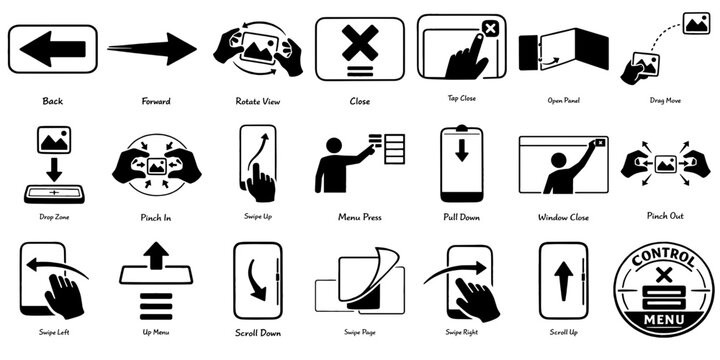 ナビゲーション・操作系UIピクトグラムセット（戻る・スワイプ・拡大縮小）、Navigation and UI Control Pictogram Set (Back, Swipe, Zoom Gestures)

