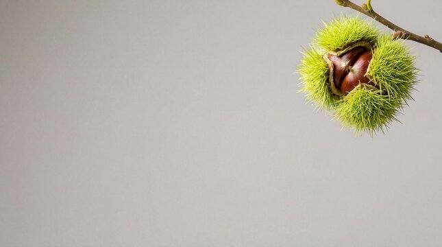 Single raw chestnut in green spiky burr isolated on grey background