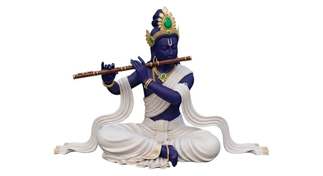 Lord Krishna playing the flute, seated in a meditative pose