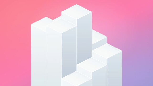 Three white 3D blocks stand on a pink and purple gradient background.