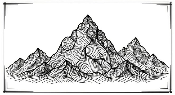 Intricate line art mountain range illustration with decorative frame. Detailed black and white stylized peaks, hand-drawn vector landscape.